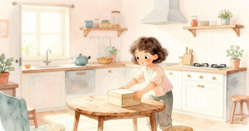 米婭在溫暖的廚房中小心將盒子放在桌上,晨光透過開放的門灑入,充滿新一天的期待與活力。