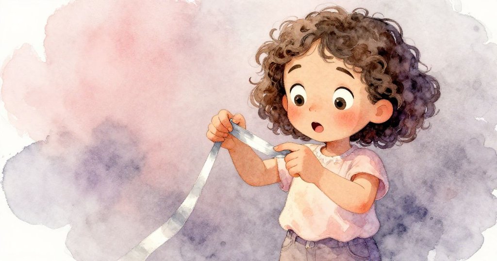 米婭聚精會神地拉扯銀色膠帶,眼神充滿驚訝與好奇,近距離呈現手部動作及溫馨廚房背景的細節。