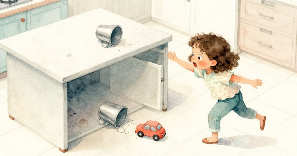 從俯視角觀察,米婭急忙伸手保護正滑動的盒子,杯子傾斜撞擊引發小玩具車滾動,廚房洋溢著忙碌氛圍。