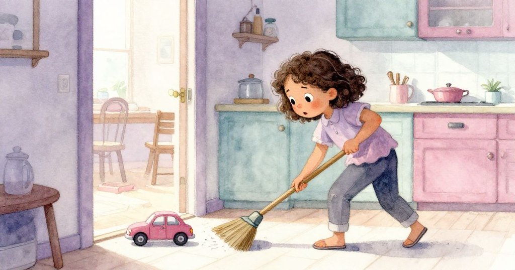 米婭在廚房轉換視角中,俯身用掃帚推動小玩具車離開門口,神情專注,畫面呈現溫馨而忙碌的動態。