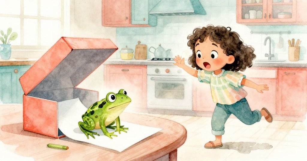 米婭面對意外驚喜時,盒蓋猛然彈起露出跳躍的綠色發條青蛙,她伸手接住,神情驚喜而活潑。