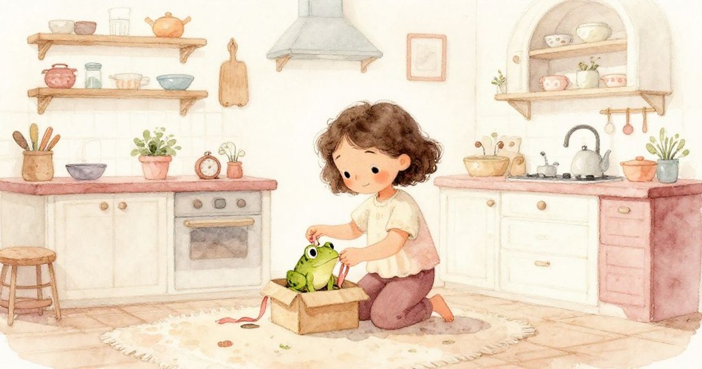 米婭滿懷溫馨將發條青蛙放回盒中,用緞帶細心綁好,最後滿意後退,整個廚房充滿寧靜和親切感。