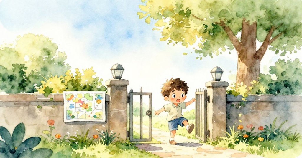 在明亮的午後,Leo從木門進入被陽光灑滿的小院,手握摺疊的花園計畫,背景是一棵高大的樹,充滿期待與活力。