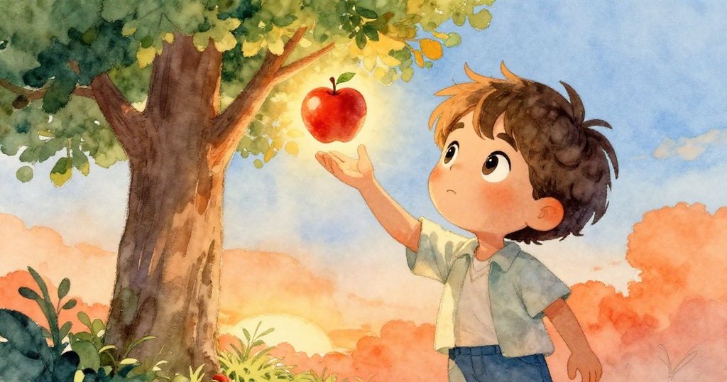 在高樹下,Leo臉上露出決心,伸手努力摘取懸挂在枝頭發光的紅蘋果,背景染上夕陽和綠意。