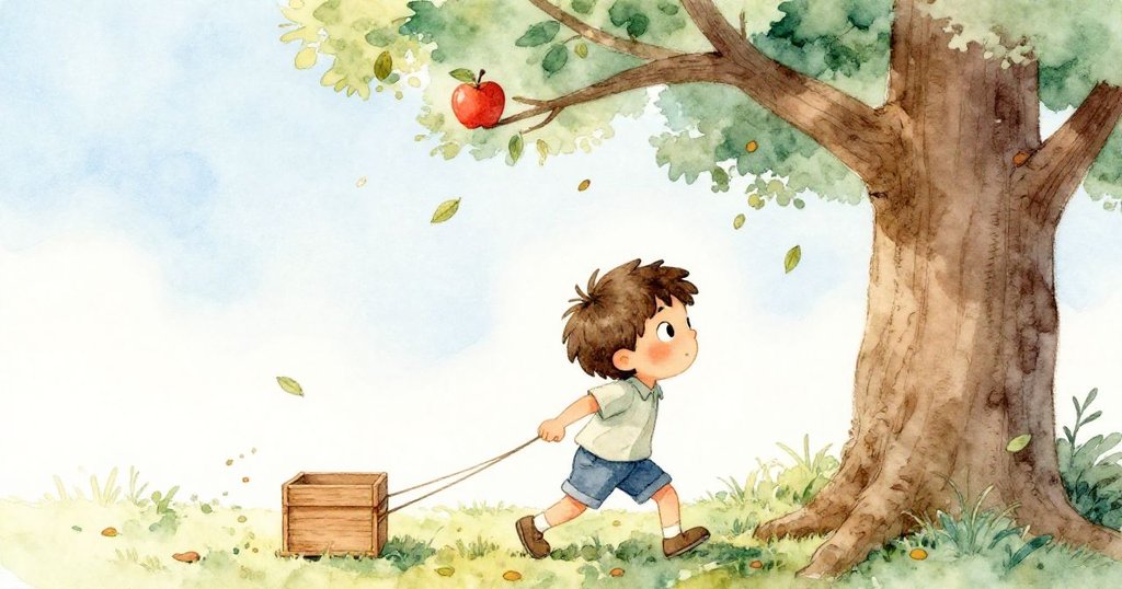 Leo拉著小木箱,從傾斜視角展示他努力靠近懸在枝上的紅蘋果,綠葉隨風飄落,充滿探索與活力。