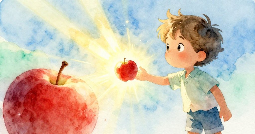 在柔和夢幻的光影中,Leo的手指輕觸著紅蘋果,另一顆蘋果溫柔墜落,陽光如水般灑落,充滿神奇與寧靜。