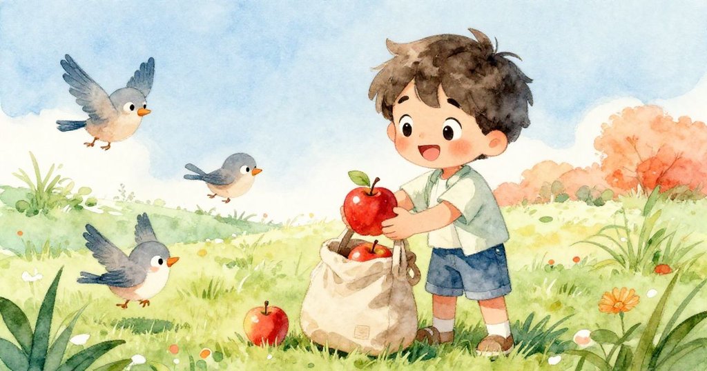 Leo臉上掛著笑容,把兩顆發亮的紅蘋果放進背包,快樂的鳥兒在綠草地上跳躍,慶祝成功與喜悅。