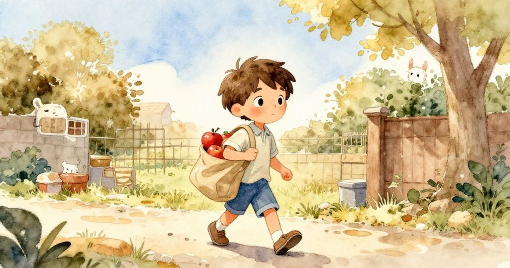 Leo背著裝滿蘋果的包,自信地走向庭院外明亮的道路,背景是柔和晨光和大地色彩,象徵著新的冒險與啟程。