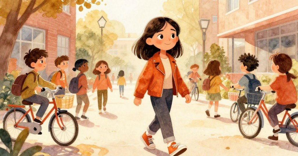 Marisol穿過熱鬧校園拱廊，微笑而堅定，周遭有學生與自行車穿梭，晨光映照展現溫暖城市氣息。