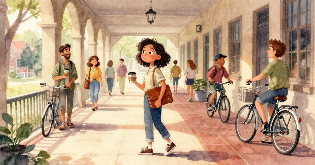 Marisol專注攥著皮夾，細心調整內含溫暖印刷頁面，手部細節清晰，背景隱約見到校園喧嘩。