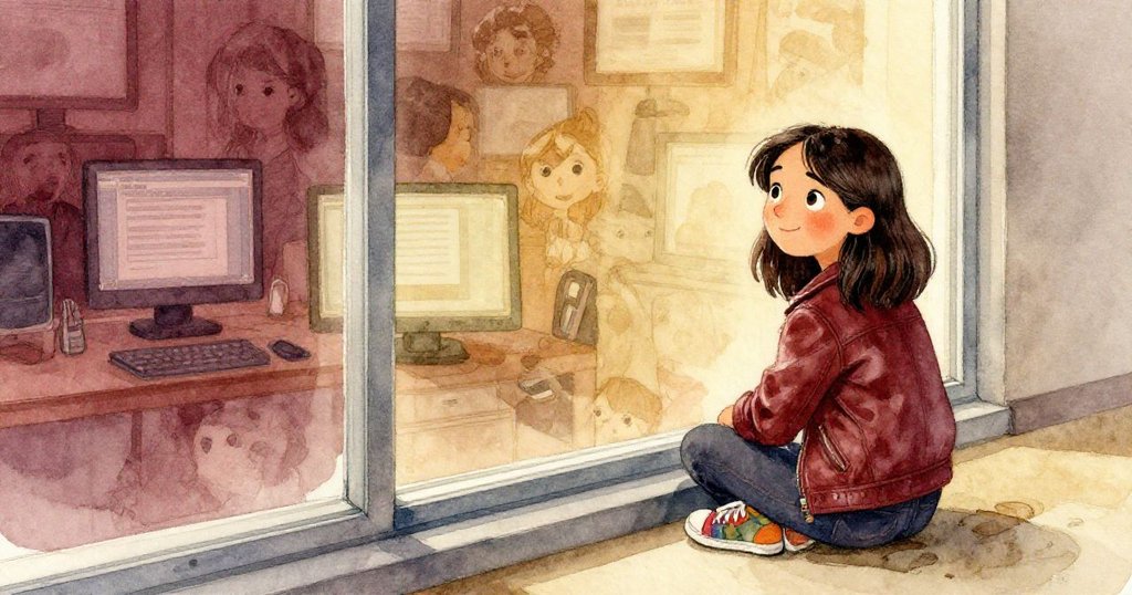 Marisol在人文大樓窗邊凝望，臉上流露期待，窗內反射出電腦光影與溫暖晨光，呈現學術氛圍。