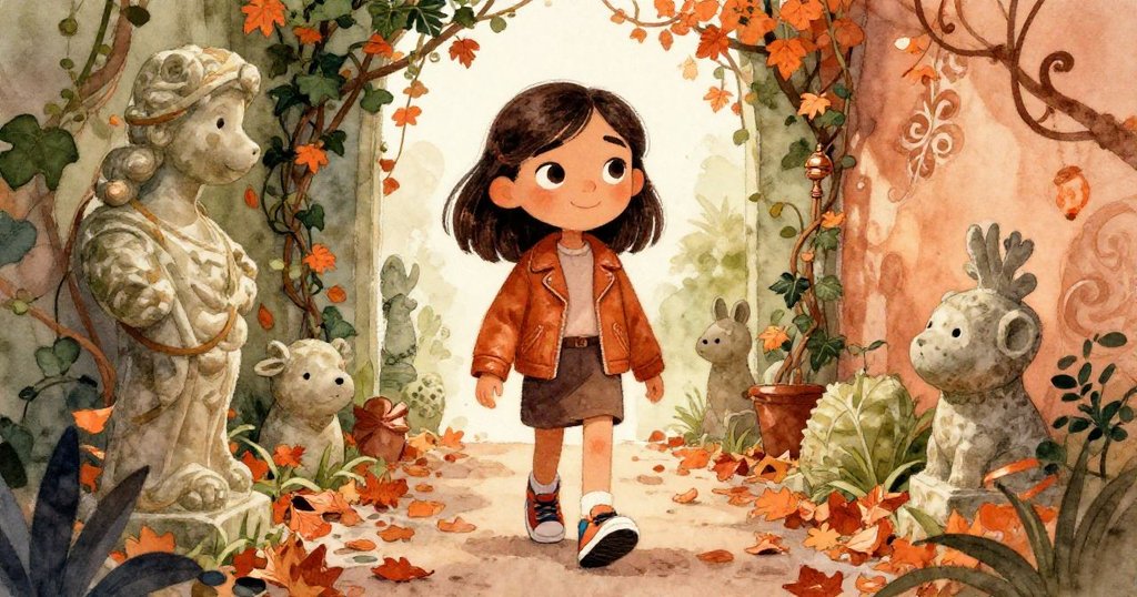 Marisol走在覆滿常青藤與石雕動物的花園通道中，秋風吹拂落葉飛舞，表情專注而堅定，呈現迷人季節景致。