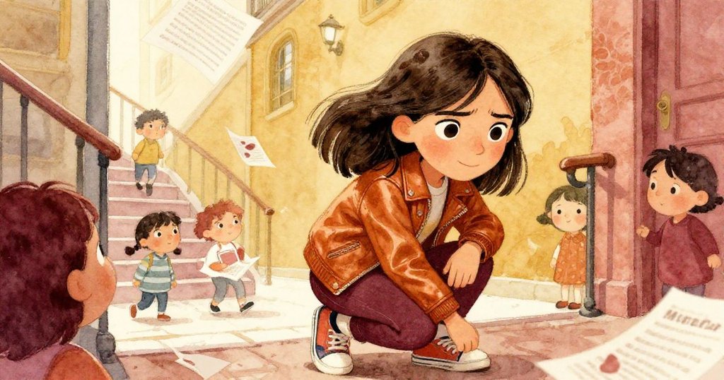 在狹窄樓梯間，Marisol緊蹙眉頭迅速彎下身體撿取飄舞紙頁，背景中學生匆忙而過，氣氛緊張。