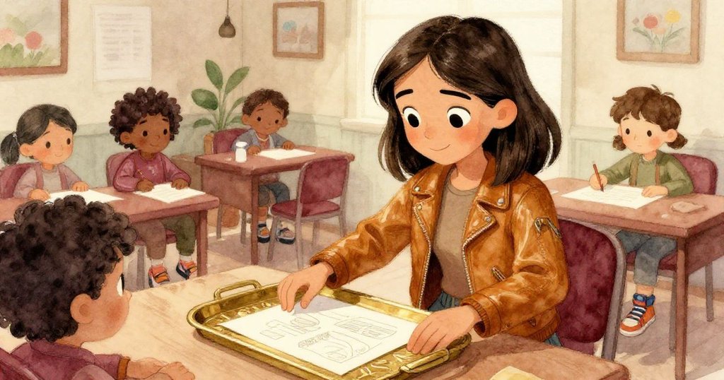 Marisol進入提交室，臉上露出既放鬆又驕傲的神情，細心將修復紙頁夾入皮夾後放在銅托盤上，背景風扇輕轉。