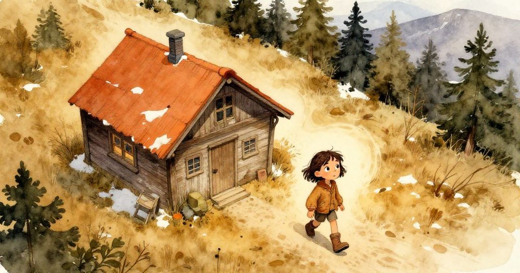 喬拉推開舊屋門，從空中視角展現山間小屋與稀疏雪地，充滿期待與堅定情緒。