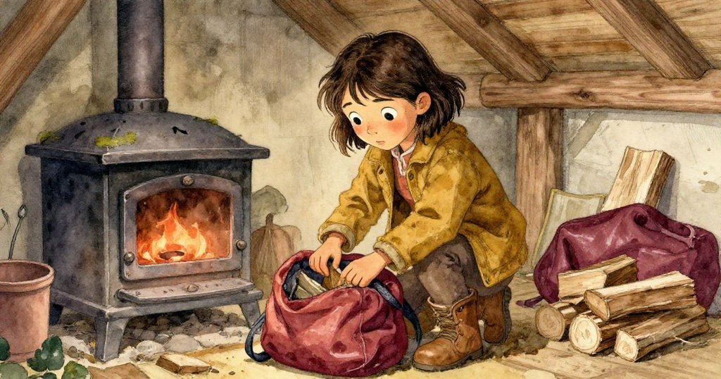 喬拉在舊屋內拆開背包，聚焦於斑駁爐灶與堆木柴，神情專注，充滿歷史細節。