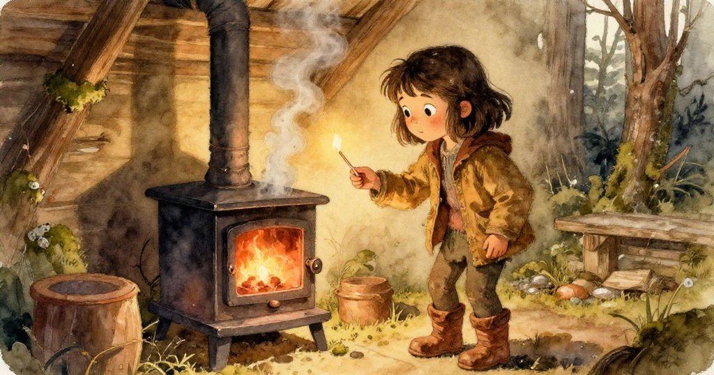 喬拉點燃火柴，煙霧輕飄進屋內，細膩呈現舊爐灶與苔蘚層次，表情集中微帶驚訝。