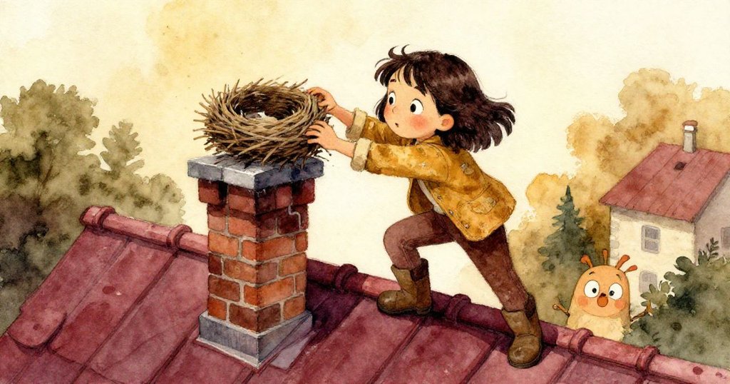 喬拉從屋頂小心清理堵塞煙囪的鳥巢，攀爬於斑駁石牆上，展現勇敢與溫柔。