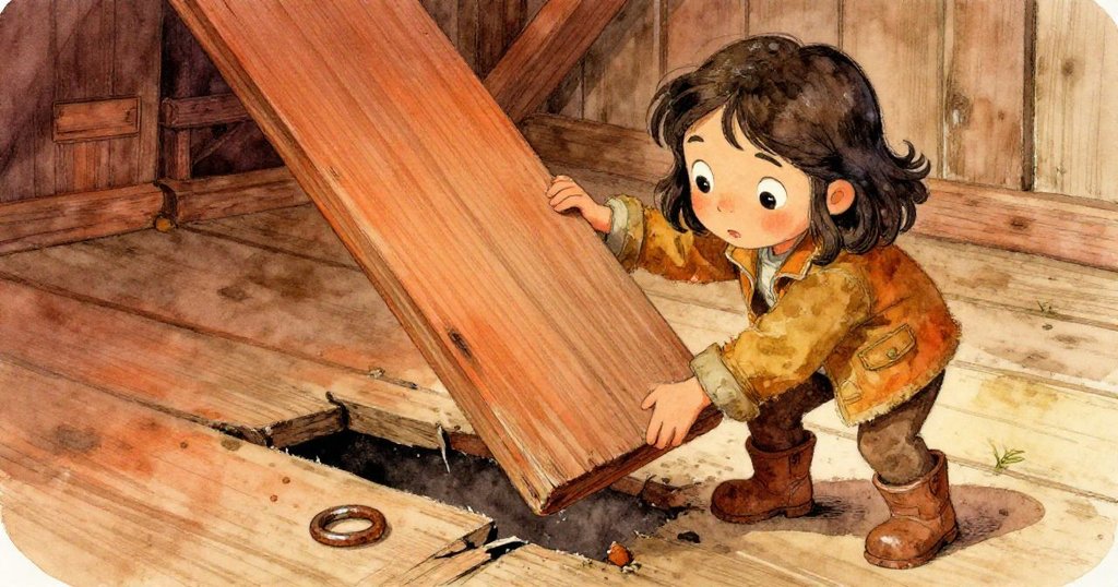 喬拉掀起鬆動地板，露出光滑石壁及銹跡戒指，神情驚奇與好奇，細節豐富呈現室內隱藏故事。