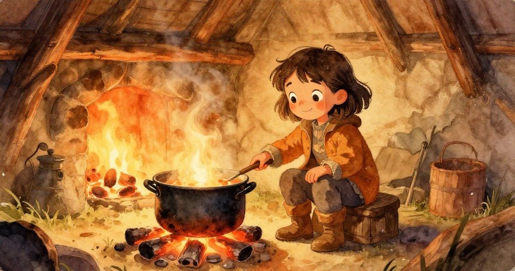 喬拉在溫暖爐火旁煮湯，臉上展現滿足微笑，燒紅餘燼與柔光中透著舒心與神秘。