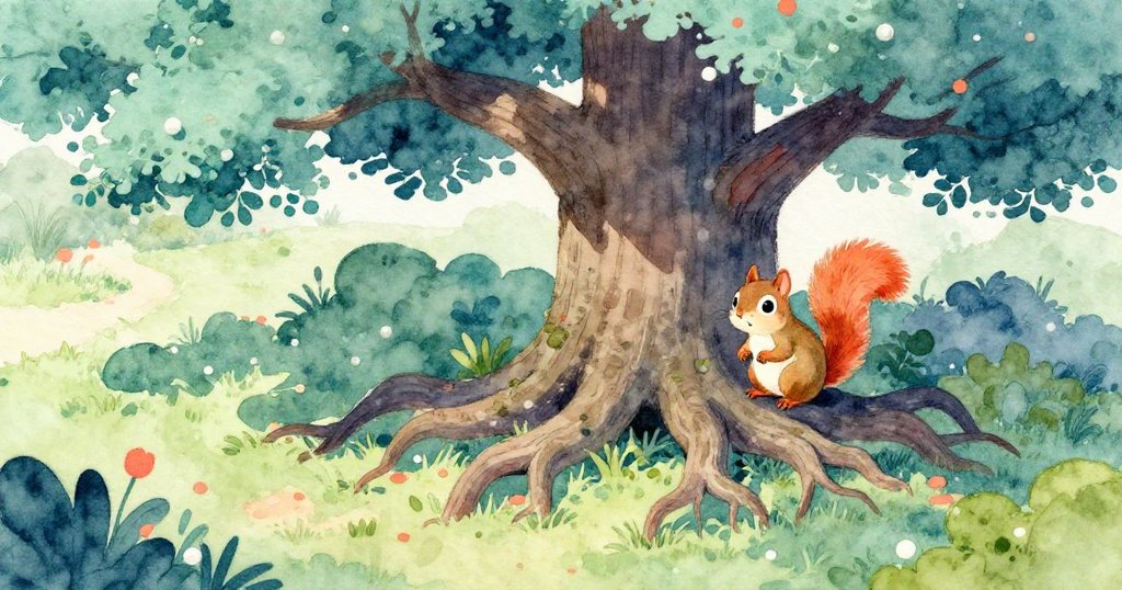 斯普瑞松鼠在古老橡樹根上蹲坐，早晨花園明亮空曠，展現期待與好奇的情緒。