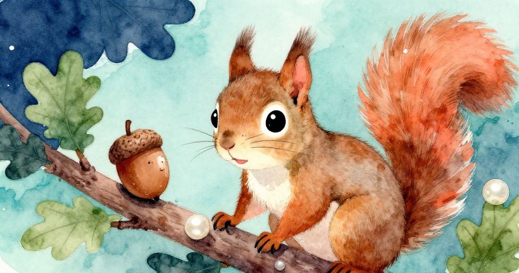 斯普瑞專注凝視高枝上發亮的橡果，眼神充滿驚奇與決心，細節展現勇敢追求夢想。