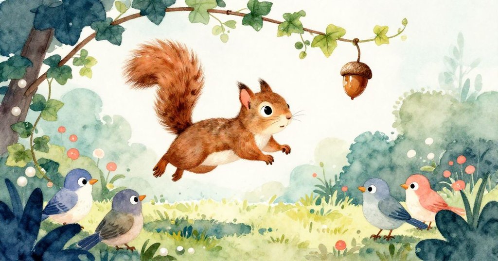 斯普瑞靈活躍動跳上常春藤，搖擺拂動樹枝使橡果脫落，旁邊小鳥充滿歡樂注視。