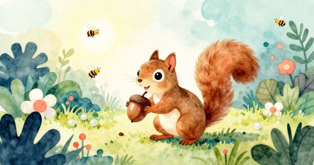 斯普瑞滿足地抱著略裂的橡果走向陽光花園，背景有綠意與蜂鳴，展現溫暖寧靜的歸屬感。