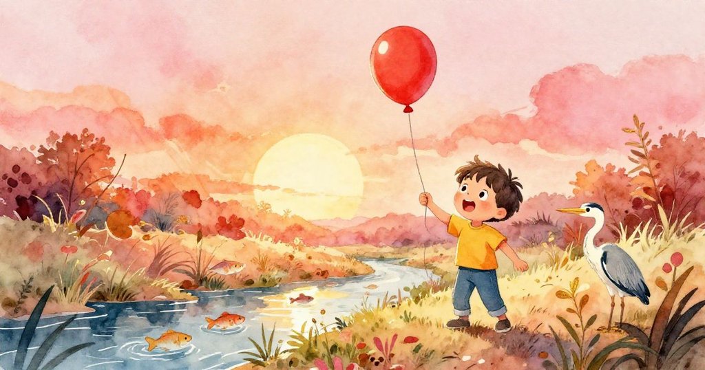 清晨溪畔，Leo手握細線，紅氣球高飛，周圍小魚、鳥兒圍繞，畫面生動展現大自然的活力與溫暖。