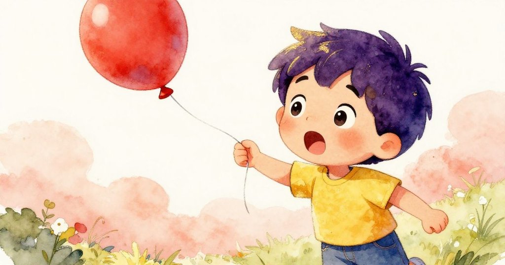 Leo面部特寫，驚奇表情明顯，氣球意外飄散，背景柔和呈現自然光影，傳遞緊張與期待情緒。