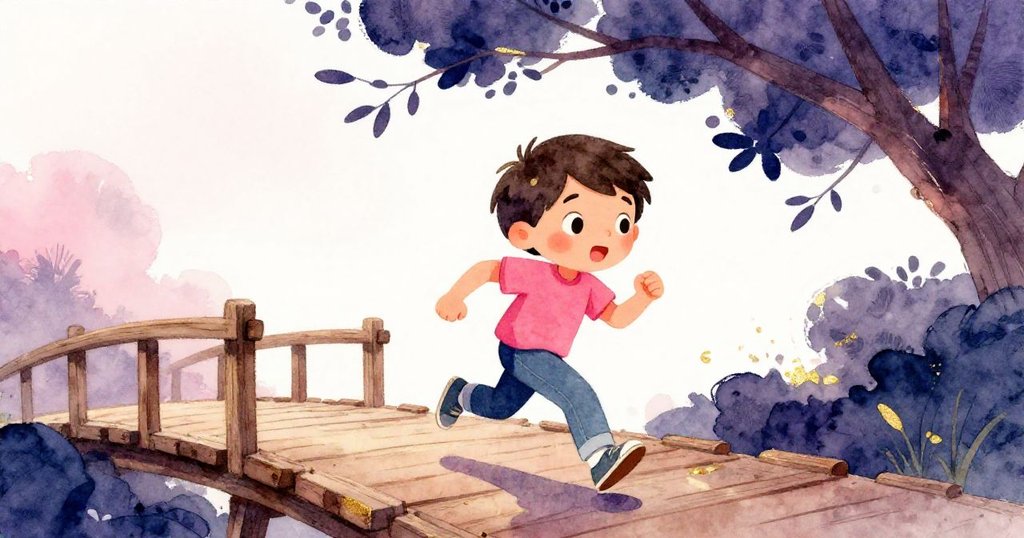 從低角度看，Leo奮力奔跑在低垂樹枝下，目光堅定迎向傾斜木橋，整體充滿緊張動感與自然美景。