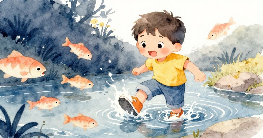 Leo奔跑時鞋子濺起水花，水中小魚嬉戲，水面波紋映出金色光芒，呈現活潑而自然的動態美感。