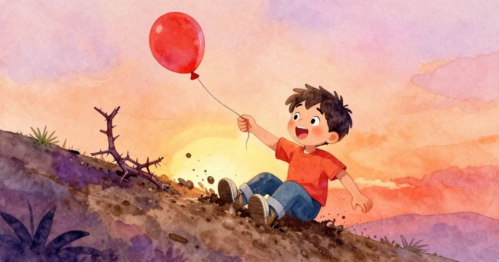 Leo在泥濘坡上滑行，發現嵌有氣球的荊棘，迅速抓取長棍解救氣球，神態專注充滿希望與奮鬥精神。