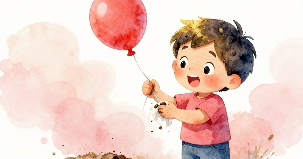 Leo高興地清理雙手並細心繫緊線結，紅氣球輕輕碰觸手腕，背景呈現自然柔和光影，充滿溫馨與成就感。