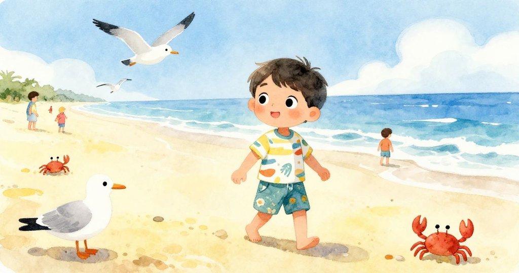 Milo在溫暖陽光下走在柔軟沙灘上，周圍有海鷗和小蟹，臉上洋溢著探索與快樂的情緒。