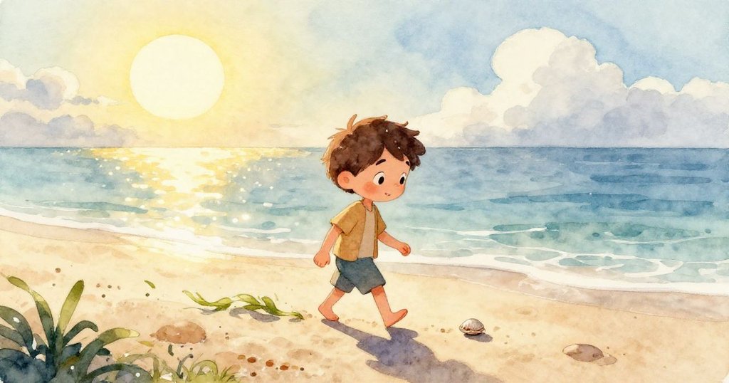 Milo的赤腳在沙灘上留下清晰足跡，水光閃爍映襯出沙面的細膩質感，展現探索自然的喜悅。