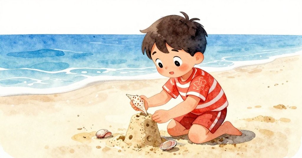 Milo俯身用雙手精心塑造沙塔，低角度突顯他專注的表情與沙子的細節，旁邊放著一隻精緻的貝殼。