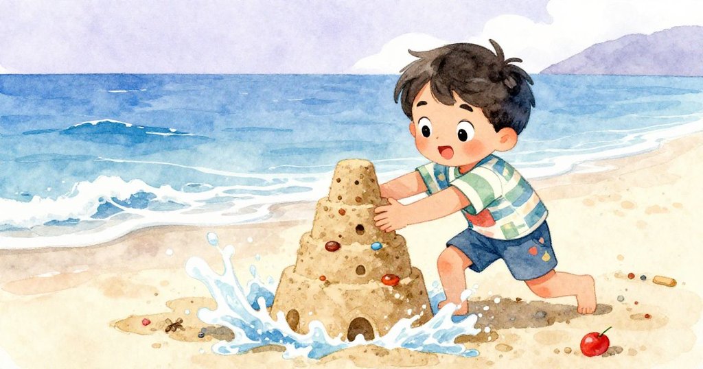 Milo用力按壓沙塔邊緣，面帶專注與喜悅，水花四濺中展現堅持創作的活力與挑戰。