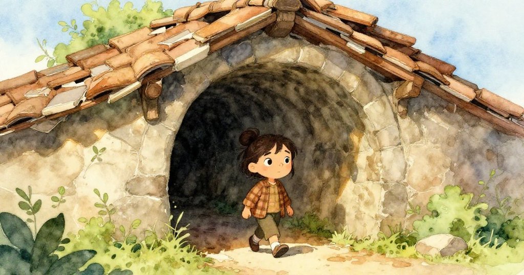 露西亞走向古老隧道外,陽光從瓦片灑落,她帶著好奇與堅定探索這充滿塵埃的懷舊環境。