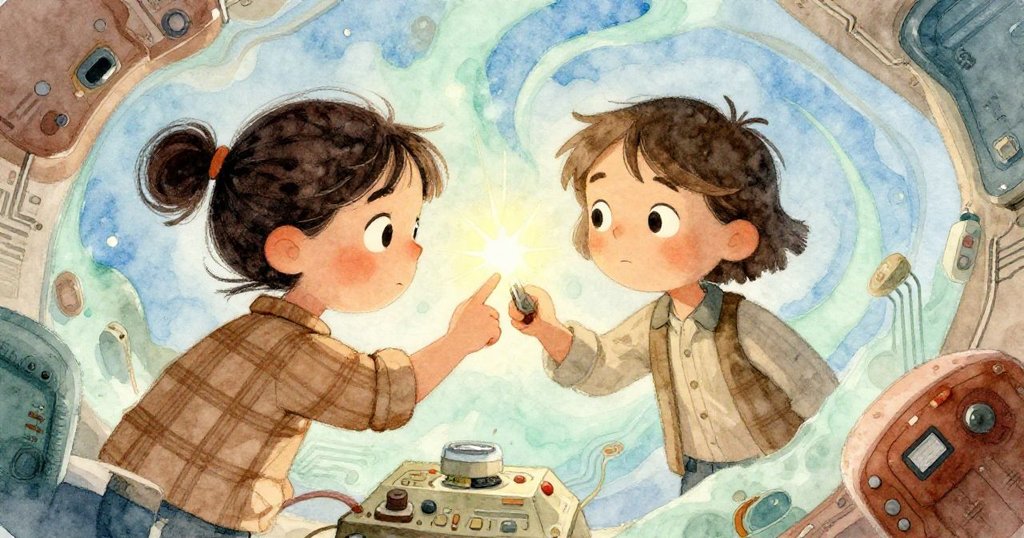 露西亞彎身按下老舊開關,失真的角度中火花閃爍,她表情專注期待,周圍散落著褪色元件。