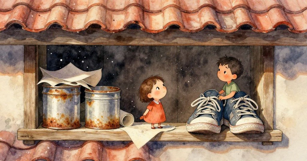 年幼的露西亞在懷舊木桌上用舊熔鐵焊接模型軌道,柔和金光映襯,她神情專注而溫暖懷舊。