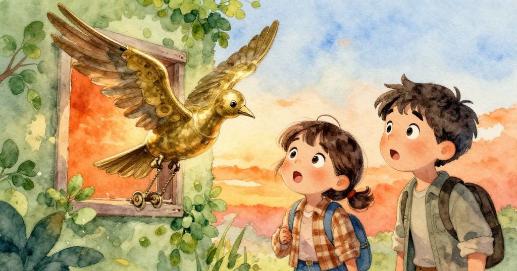 露西亞驚喜發現隱藏機械鳥展翅,馬可上前注視奇跡,背景為古老模型軌道,她們充滿驚異與喜悅。