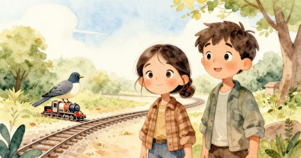 露西亞與馬可並肩站在修復模型軌道旁,隧道初光映襯下機械鳥靜臥,他們臉上流露出滿足與欣喜。