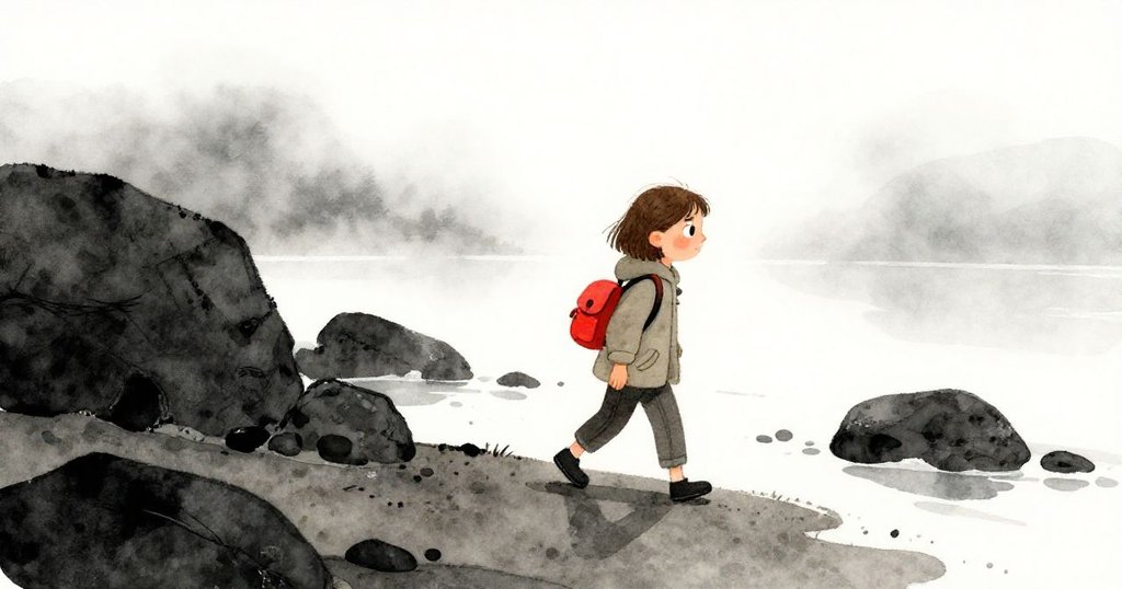 艾莉莎清晨走在岩石海岸,背著小背包,薄霧中海浪輕拂岩石,神情平靜且充滿期待。