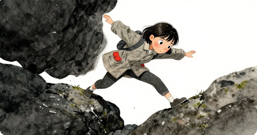 艾莉莎在滑濕岩石上伸展雙臂保持平衡,面露驚訝與堅定,低角度呈現動態緊張瞬間。