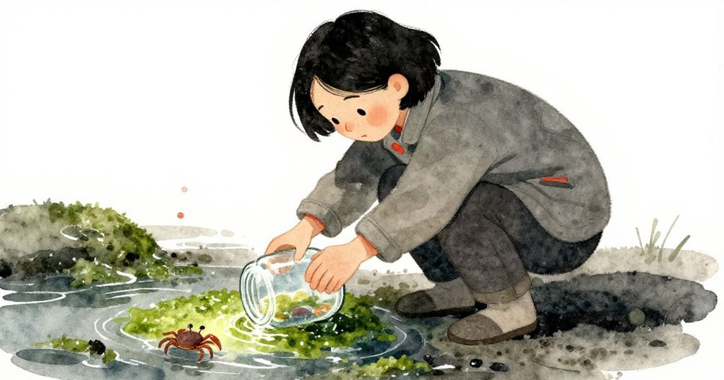 艾莉莎將玻璃罐輕置潮池中收集海藻,小蟹圍繞罐邊爬行,她神情專注且細心。