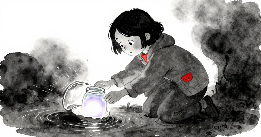 艾莉莎側身操作罐子,同時發現一隻微紫發光的貝殼,神情中透出好奇與決心。