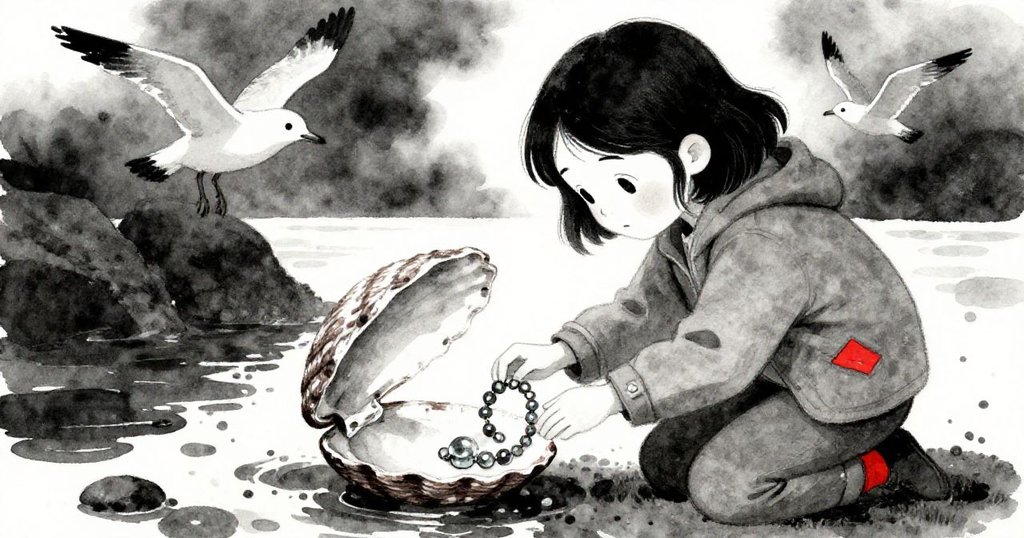 艾莉莎蹲下拆解貝殼,發現一顆玻璃珠,神情溫柔細膩,海鷗在背景中盤旋,展現出探索與溫暖收尾。