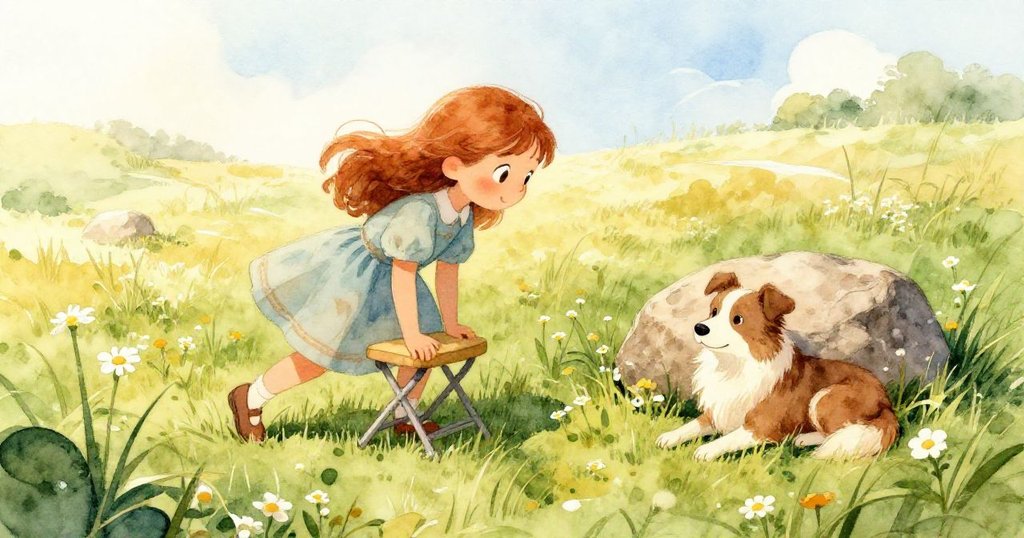 克拉拉在草地上架設繪畫台,正放下摺疊凳,狗狗在陽光石旁休息,背景有搖曳的野花與綠意,充滿溫暖期待。