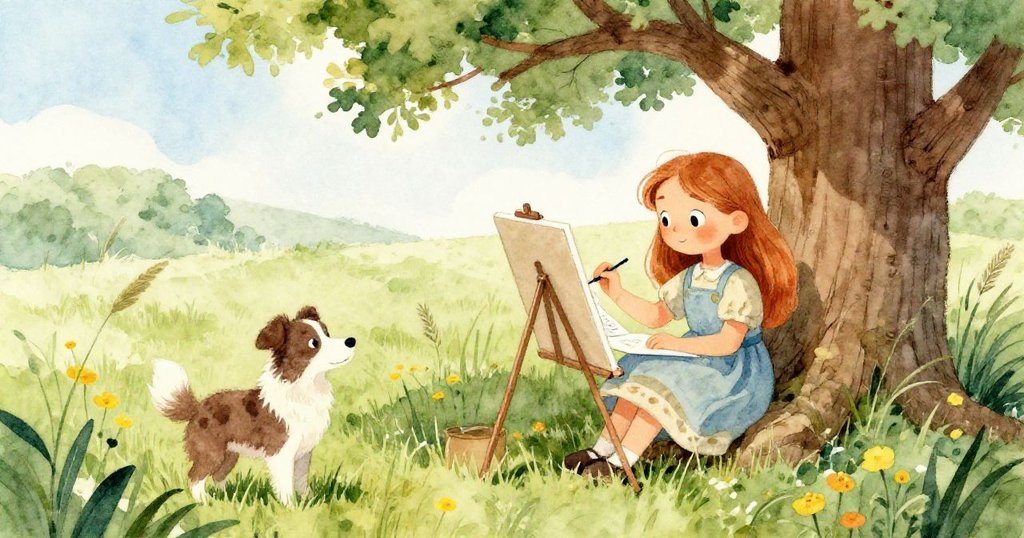 克拉拉正用木炭在畫布上勾勒橡樹輪廓,狗狗專注旁觀,多層次背景中展現搖曳的青草與野花,情感豐富。